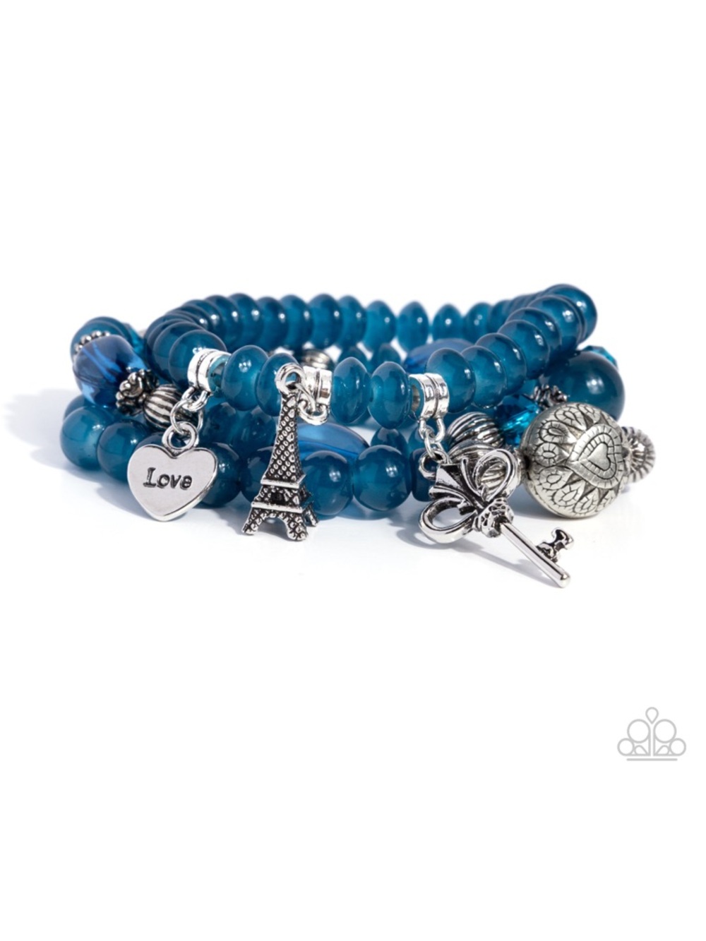 B-11 French Chic Blue/Teal Beaded Charm Bracelet Set with Silver Accents